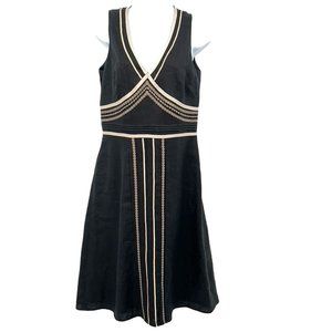 Sarah Spencer 100% Linen S8 Tailored Black Dress Cream Ribbon Trim Grecian Vibes